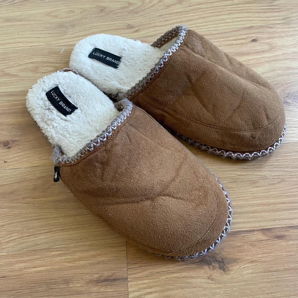 Lucky Brand House Slippers Suede Faux Fur Lined Small 7-8 women's